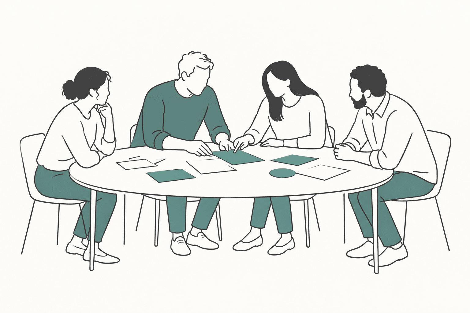 Simply drawn people considering an idea around a table, with an open place toward the viewer.